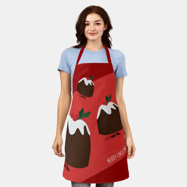 Christmas Pudding Red Frohe Weihnachts-Cartoon Schürze (Getragen)