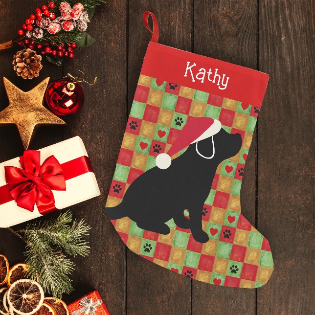 Christmas Quilt Black Labrador Puppy Kleiner Weihnachtsstrumpf (Personalized Black Labrador Puppy Quilt Design Christmas Stocking for Labrador Owners.)
