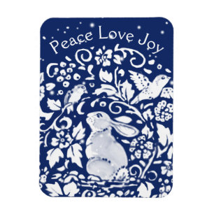 Christmas Rabbit Blue White Peace Liebe Joy Unique Magnet