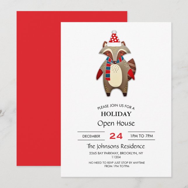 Christmas Raccoon Cartoon Einladung (Vorne/Hinten)