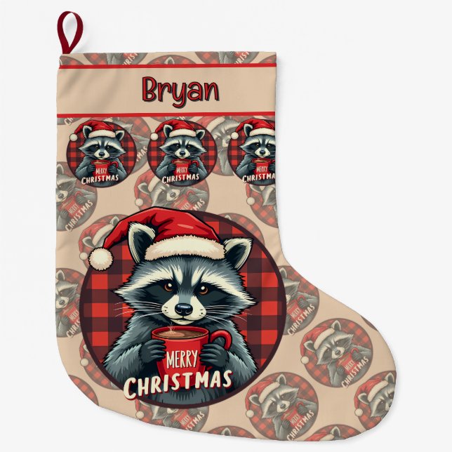 Christmas Raccoon Cocoa Cheer Großer Weihnachtsstrumpf (Vorderseite)