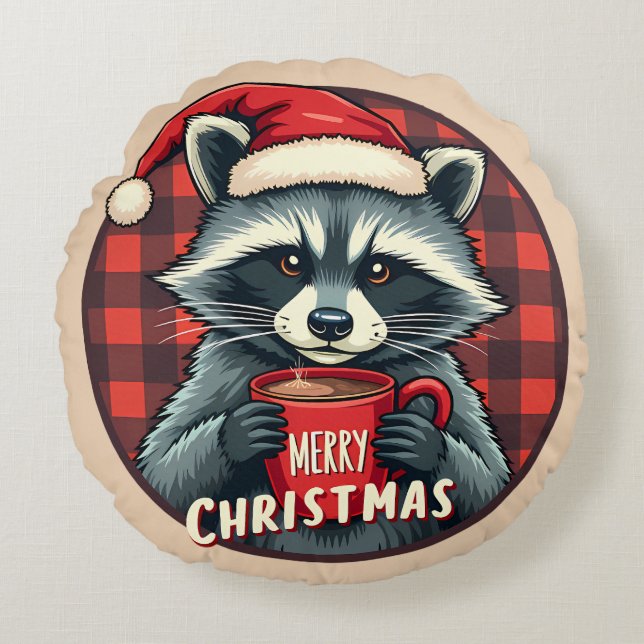 Christmas Raccoon Cocoa Cheer Rundes Kissen (Vorderseite)