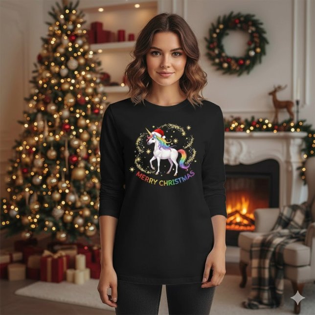 Christmas Rainbow Unicorn Santa Hat T-Shirt (Von Creator hochgeladen)