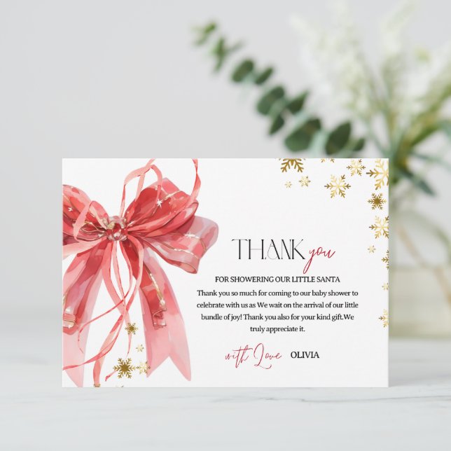 Christmas Red and Gold Baby Shower Dankeskarte (Stehend Vorderseite)