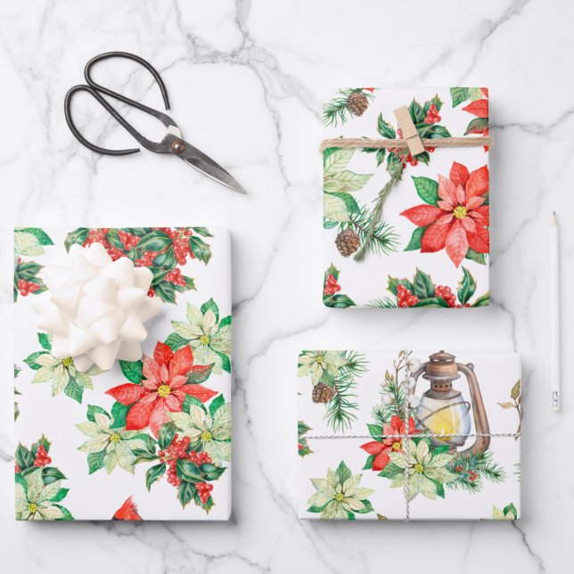 Christmas Red Berries Kardinals Poinsettia Geschenkpapier Set (Vorderseite)