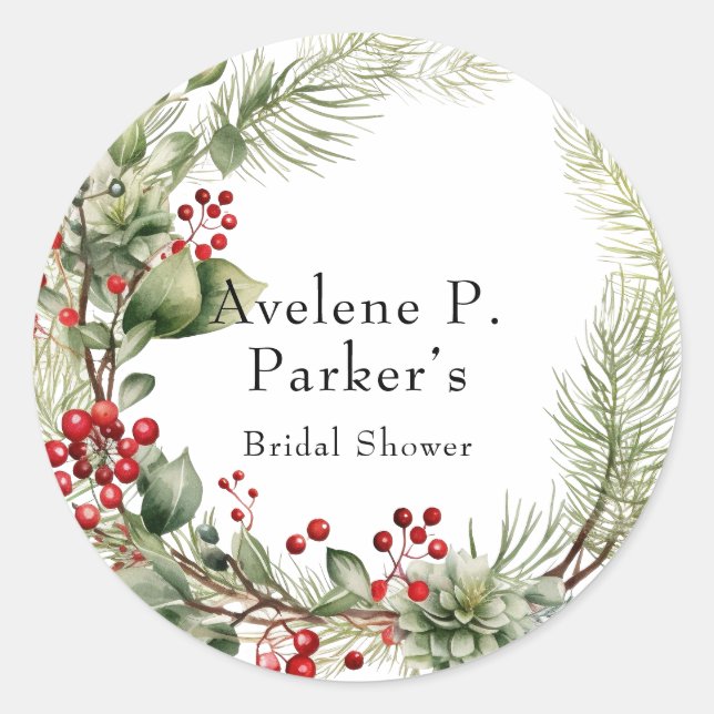 Christmas Red Berries Pine Brautparty Runder Aufkleber (Vorderseite)