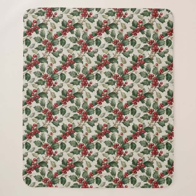 Christmas Red Berry Holly On Faux Linen Sherpadecke (Vorderseite)