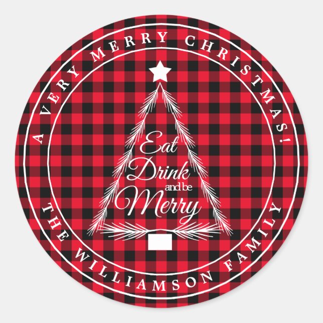 Christmas Red Black Gingham Pattern Umschlag Aufkl Runder Aufkleber (Vorderseite)