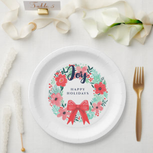 Christmas Red Bow Wreath Blue Joliday Pappteller