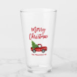 Christmas Red Brush Script Vintag Truck Glas<br><div class="desc">Brush Script Wasserfarbe Vintag Red Truck mit Weihnachtsbaum - Frohe Weihnachtsgläser</div>