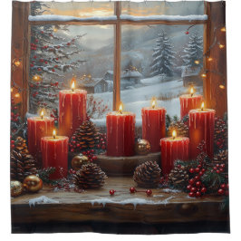 Christmas Red Candles Pine Cones Winter View Duschvorhang