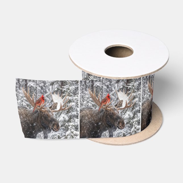 Christmas Red Cardinal On Snowy Moose Antlers Satinband (Spule)