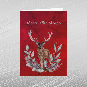 Christmas Red Deer Buck Floral Watercolor Feiertagskarte