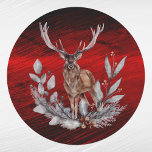 Christmas Red Deer Buck Floral Watercolor Runder Aufkleber<br><div class="desc">Hirsche mit Geweih unter Blumenausstellung</div>