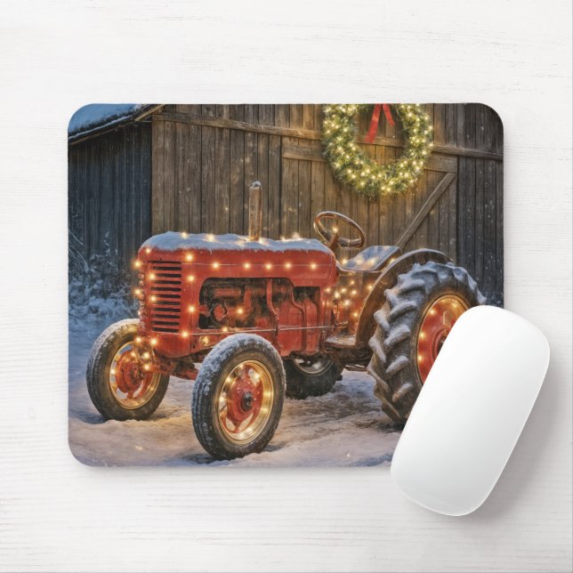 Christmas Red Farm Tractor With Glowing Wreath Mousepad (Mit Mouse)