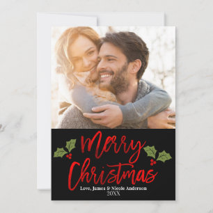 Christmas Red Foil Modern Script Holiday Photo Feiertagskarte