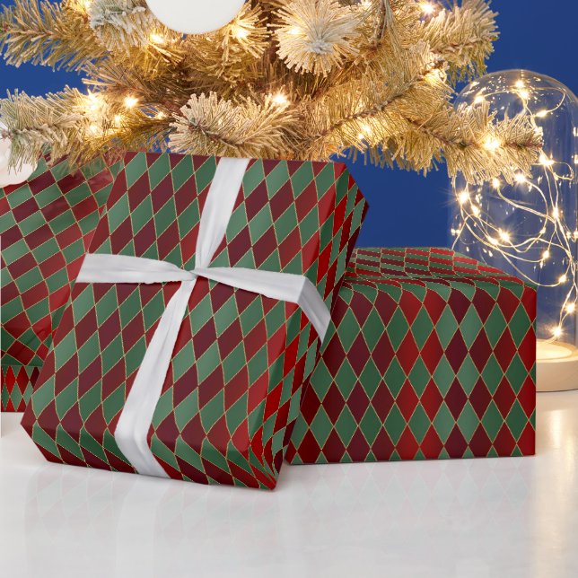 Christmas Red Gold Green Harlequin Geschenkpapier (Feiertage)