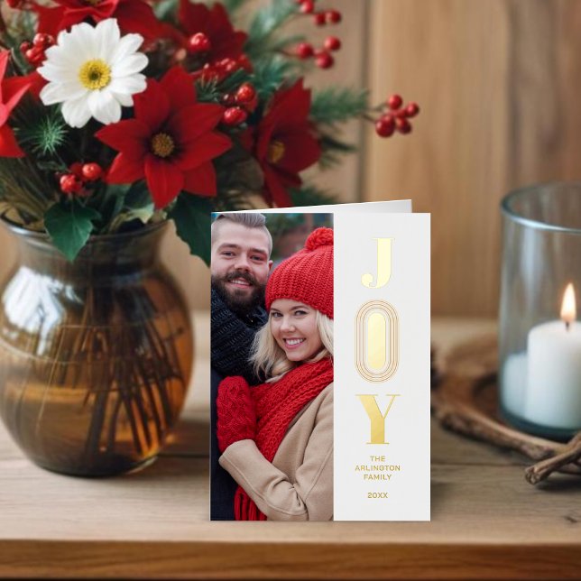 Christmas Red & Gold Original Oval Trend Joy Photo (Christmas Red & Fake Gold Original Oval Trend Joy Quote Photo Holidays Cards with Envelope.)