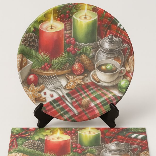 Christmas Red & Green Candlelight with Cookies Seidenpapier (Decoupage Christmas Plate made from holiday designed tissue paper)