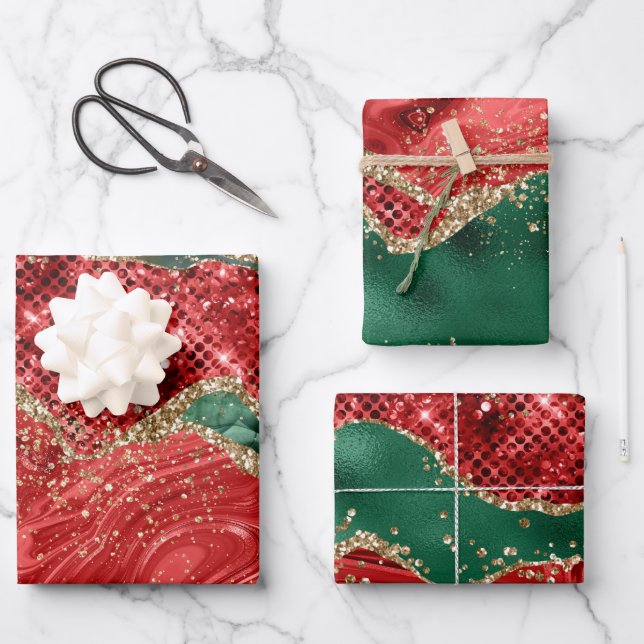 Christmas Red Green Glitzer Agate Geschenkpapier Set (Vorderseite)