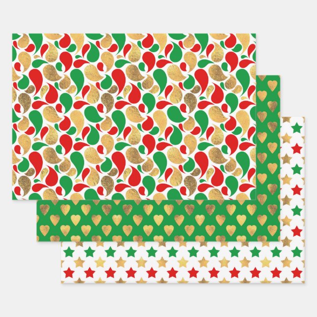 CHRISTMAS RED GREEN GOLD URLAUB PATTERNS GESCHENKPAPIER SET (Set)