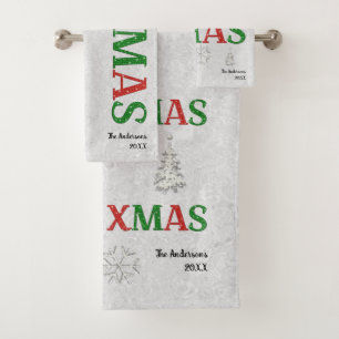 Christmas Red Green Kristall Xmas Calligraphy Badhandtuch Set