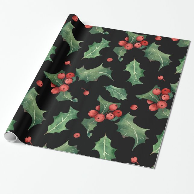 Christmas Red Green Mistletoe Black Geschenkpapier (Ungerollt)