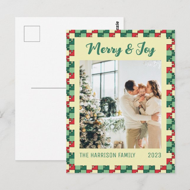 Christmas Red Green Puzzle Merry & Joy Foto Postkarte (Vorne/Hinten)