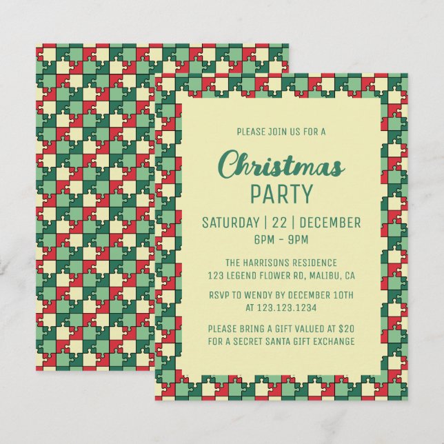 Christmas Red Green Puzzle Piece Geometric Einladung (Vorne/Hinten)