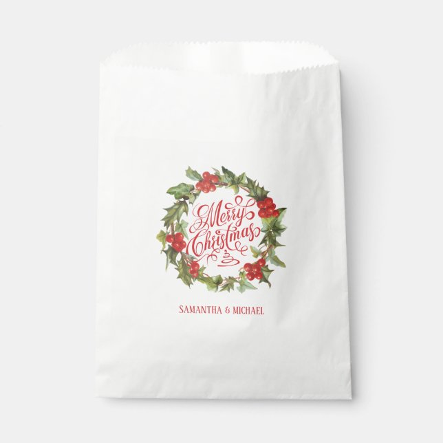 Christmas Red Green Wreath Holly Ivy Typografie Geschenktütchen (Vorderseite)