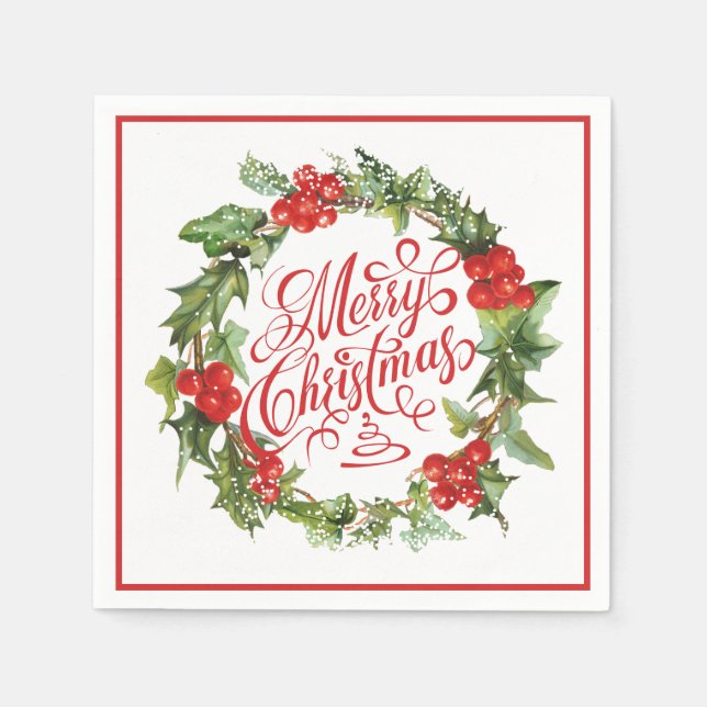 Christmas Red Green Wreath Holly Ivy Typografie Serviette (Vorderseite)