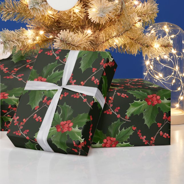 Christmas Red Holly Berry und Green Blätter Geschenkpapier (Feiertage)