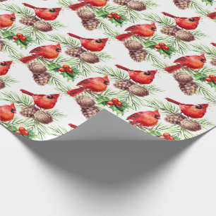 Christmas Red Kardinal Birds Holly Berry Branch Geschenkpapier