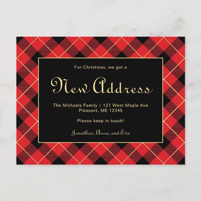 Christmas Red Kariert New Address Holiday Move Postkarte (Vorderseite)