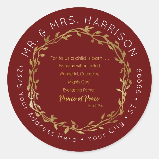 Christmas Red n Gold Christlich Scripting Adresse Runder Aufkleber (Vorderseite)