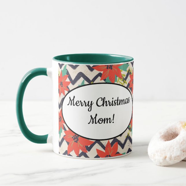 Christmas Red Poinsettia Black & White Zickzack Tasse (Mit Donut)