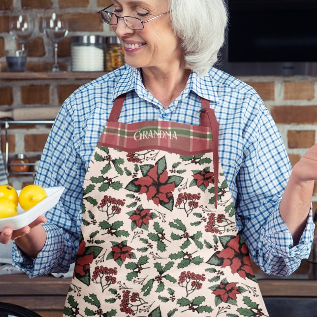 Christmas Red Poinsettia Floral Schürze (Elegant Christmas Red Poinsettia, Holly Berry & Plaid Apron. Hand Drawn Winter Poinsettias & Berries)