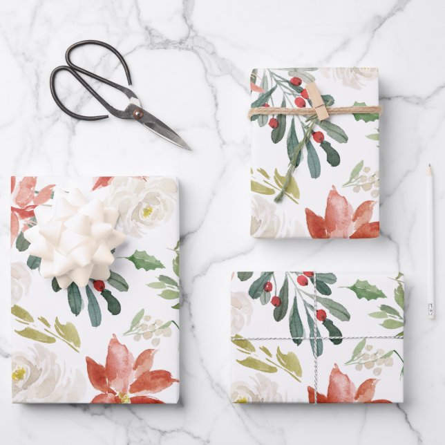 Christmas Red Poinsettia Floral Watercolor Geschenkpapier Set (Vorderseite)