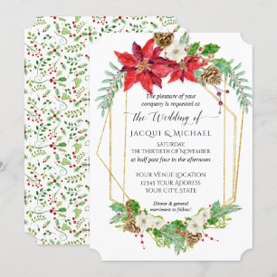 Christmas Red Poinsettia Gold Geometrie Wasserfarb Einladung