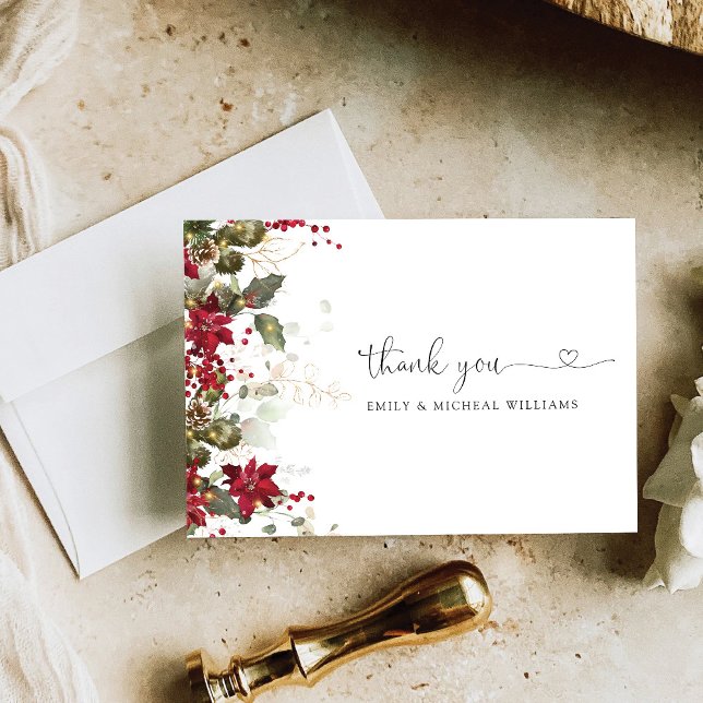 Christmas Red Poinsettia Wedding Flat Dankeskarte (Von Creator hochgeladen)
