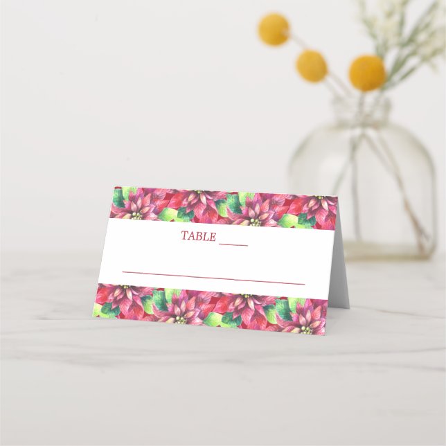 Christmas Red Poinsettia Wedding Platzkarte (Vorderseite)