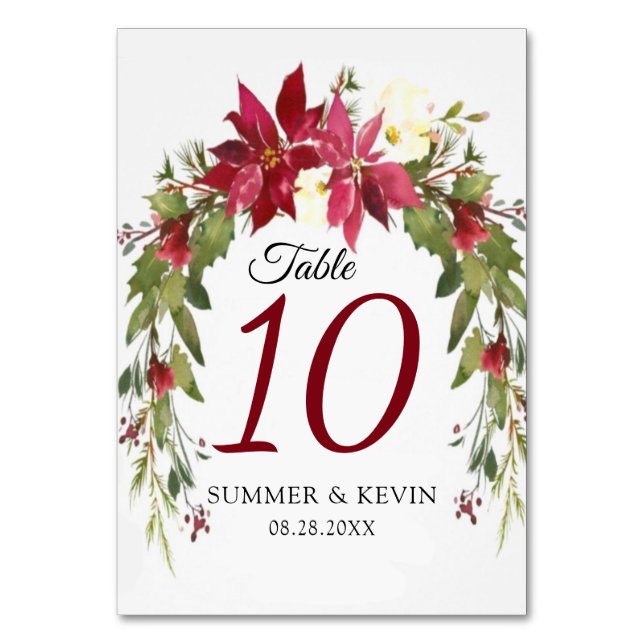 Christmas Red Poinsettia Wedding Tischnummer (Vorderseite)