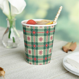 Christmas Red Snowflakes Green Checks Pattern Pappbecher