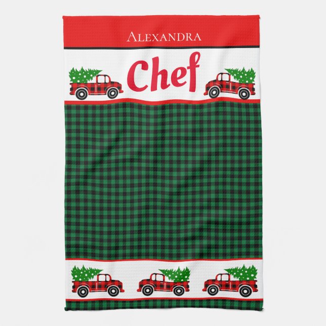 Christmas Red Truck Koch Green Buffalo Kariert Apr Geschirrtuch (Vertikal)
