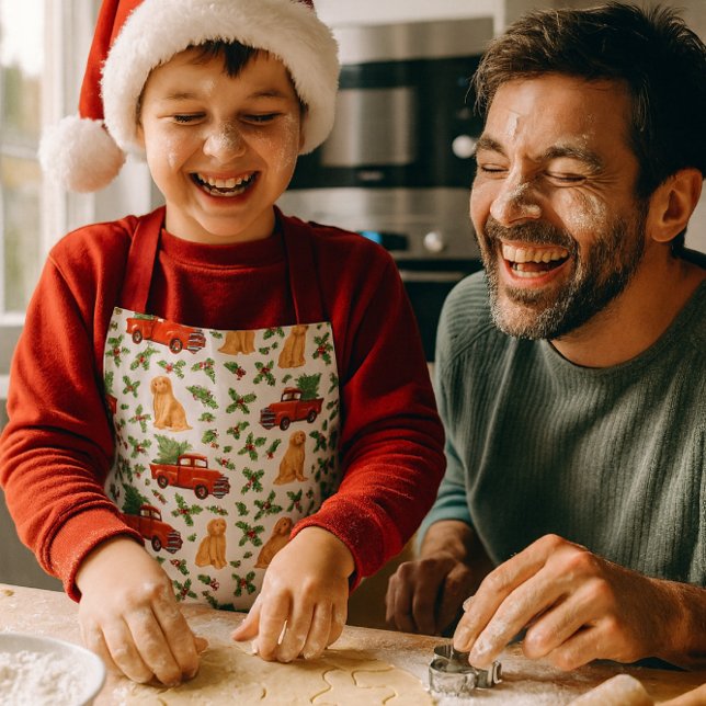 Christmas Red Truck Pattern Kids  Schürze (A Christmas moment: making cookies with dad while wearing cute red-truck digital watercolor apron.)