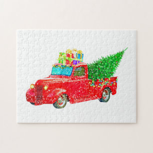 Christmas red truck with a Christmas tree and gift