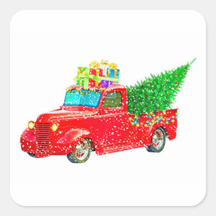 Christmas red truck with a Christmas tree and gift Quadratischer Aufkleber