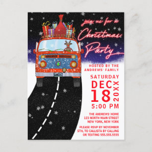 Christmas Red Van Reindeer präsentiert Snowy Party Ankündigungspostkarte