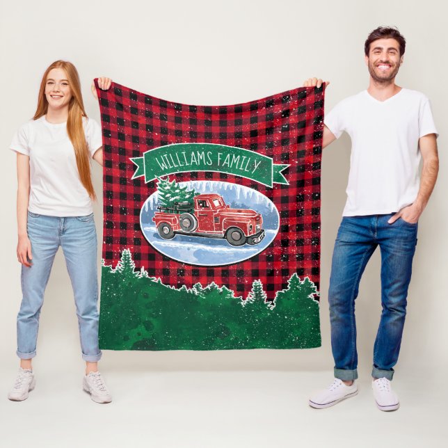 Christmas Red Vintag Truck Buffalo Karierter Name Fleecedecke (Beispiel)
