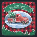 Christmas Red Vintag Truck Buffalo Karierter Name Quadratischer Aufkleber<br><div class="desc">Fügen Sie Ihren Familiennamen zu diesen Urlaubstickern hinzu, die eine Winterlandschaft mit einem klassischen roten Lieferwagen-LKW, der durch den Schnee fährt, und einem frischen Weihnachtsbaum im Hintergrund zeigen. Ein grünes Banner oben hat einen Familiennamen, mit dem Sie sich selbst personalisieren können. Hintergrund ist ein rotes und schwarzes Büffel-Karo mit einem...</div>